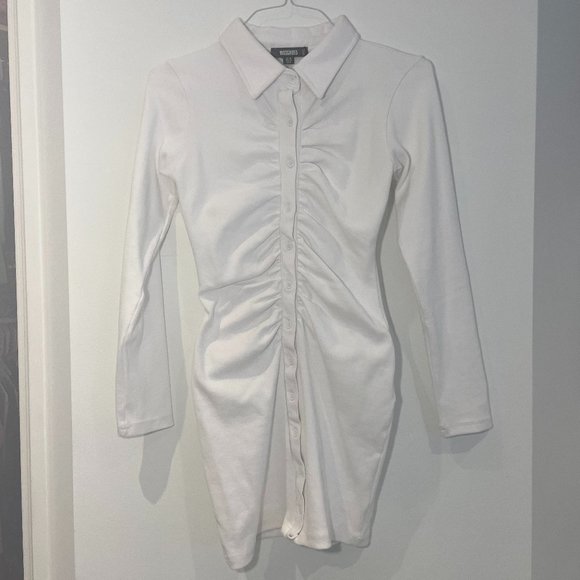 White Ribbed Long Sleeve Ruched Mini Dress - Picture 3 of 6